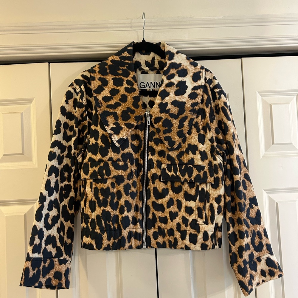 Ganni Canvas Leopard Print Jacket in Black and Tan